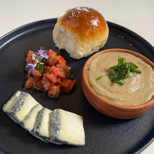 Load image into Gallery viewer, london supper club goat's cheese babaghanous friday night north london buttered milk buns tomato salad basil tasty sharing starter restaurant eat out London foodie what's on